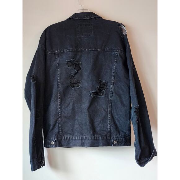 Forever 21 Distressed Black Denim Oversized Men Jacket Hip Hop Y2K Small A0040 - Picture 2 of 6